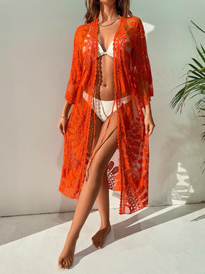 Saída de Praia Quimono Capa Transparente com Estampa Floral de Resort 