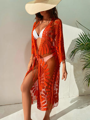 Saída de Praia Quimono Capa Transparente com Estampa Floral de Resort 