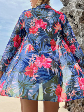 Saída de Praia Conjunto de Bikini (sutiã e calcinha) para mulher de pescoço Halter com estampa de plantas tropicais 