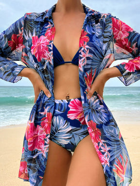 Saída de Praia Conjunto de Bikini (sutiã e calcinha) para mulher de pescoço Halter com estampa de plantas tropicais 