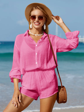 Saida de Praia Anne Botão Frontal Conjunto De Cobertura