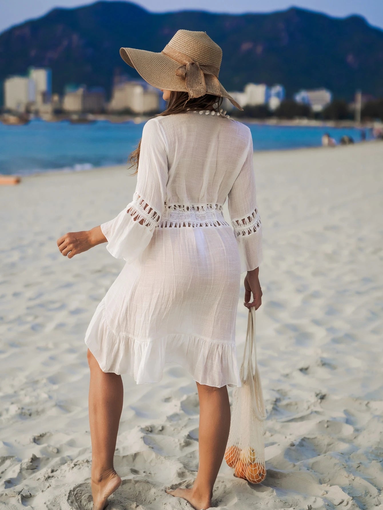 Saída de Praia Helie Crochê Inserir Bainha Com Babado Quimonos