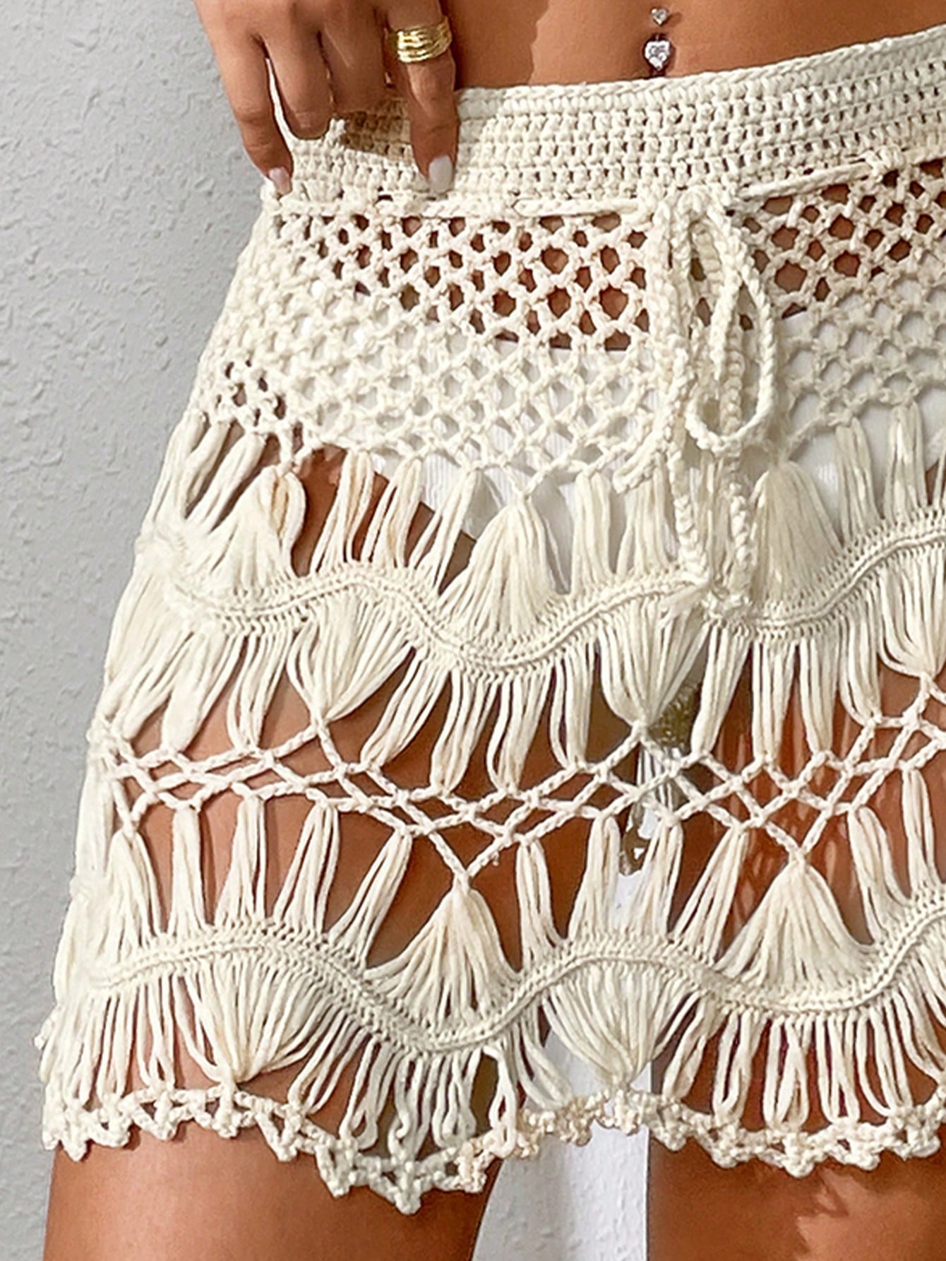 Saída de Praia Cintura Com Cordão Crochê Shorts De Coberturas