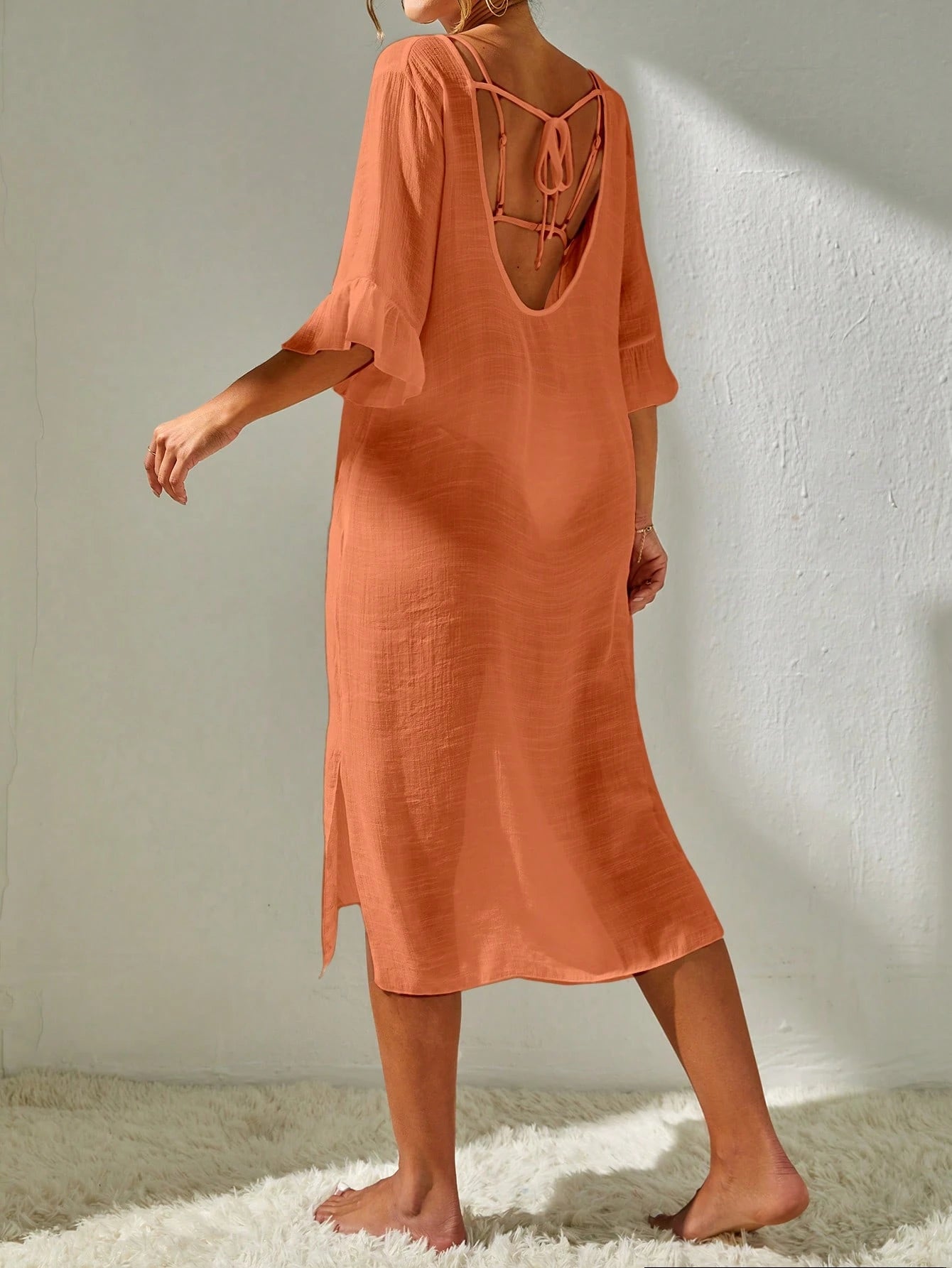 Saída de Praia Emily Vestido de cobertura sólido coxa dividida sem conjunto de biquíni