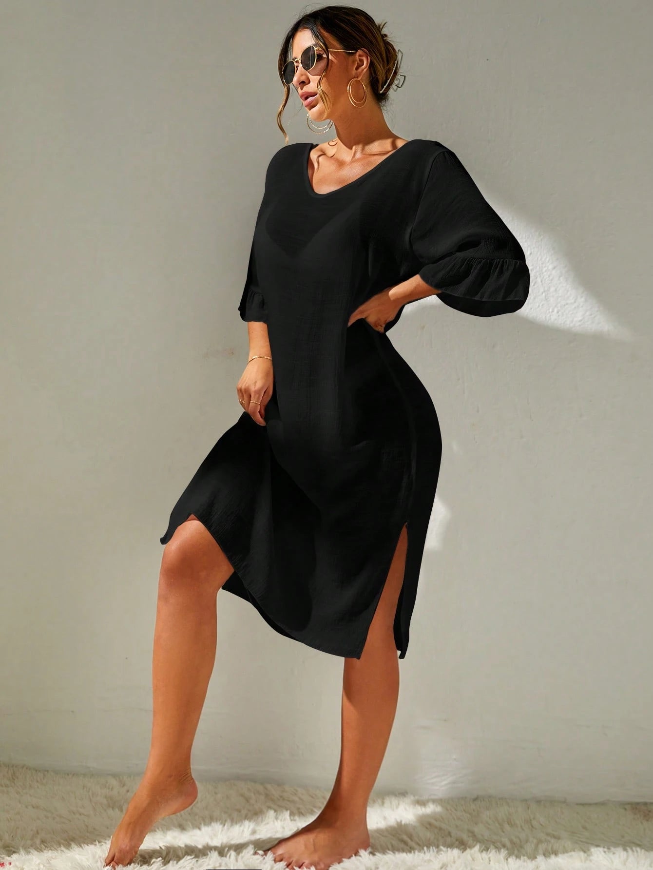 Saída de Praia Emily Vestido de cobertura sólido coxa dividida sem conjunto de biquíni