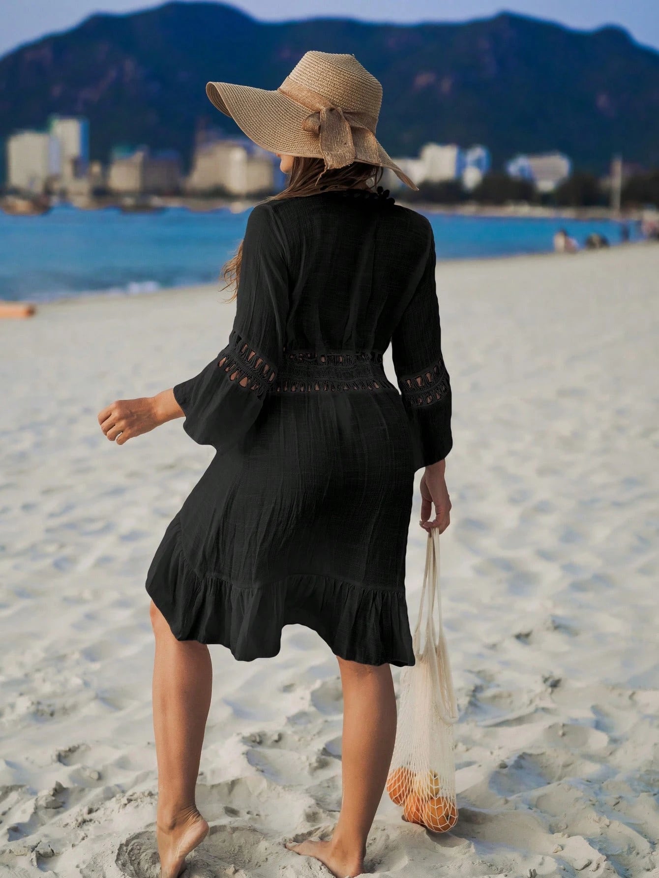 Saída de Praia Helie Crochê Inserir Bainha Com Babado Quimonos