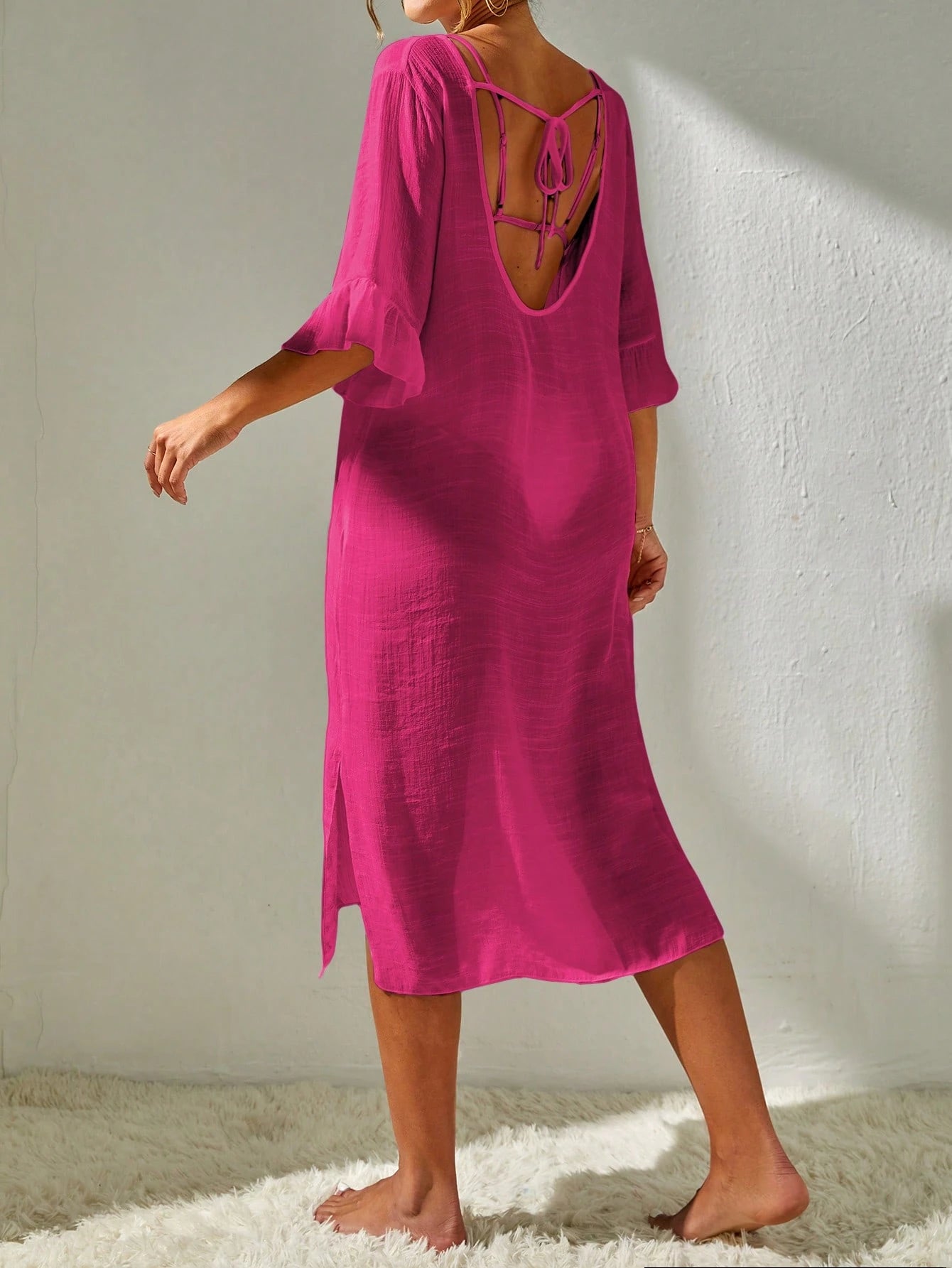 Saída de Praia Emily Vestido de cobertura sólido coxa dividida sem conjunto de biquíni