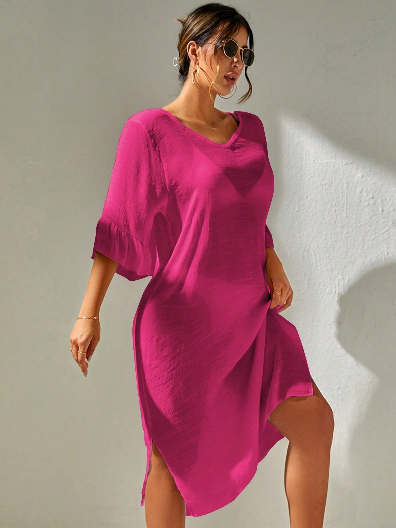 Saída de Praia Emily Vestido de cobertura sólido coxa dividida sem conjunto de biquíni