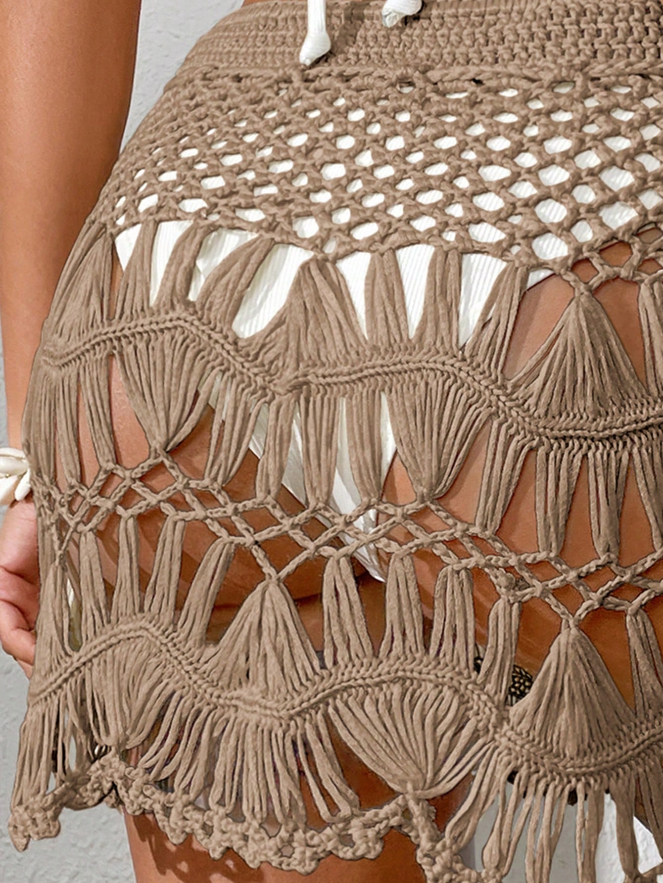 Saída de Praia Cintura Com Cordão Crochê Shorts De Coberturas