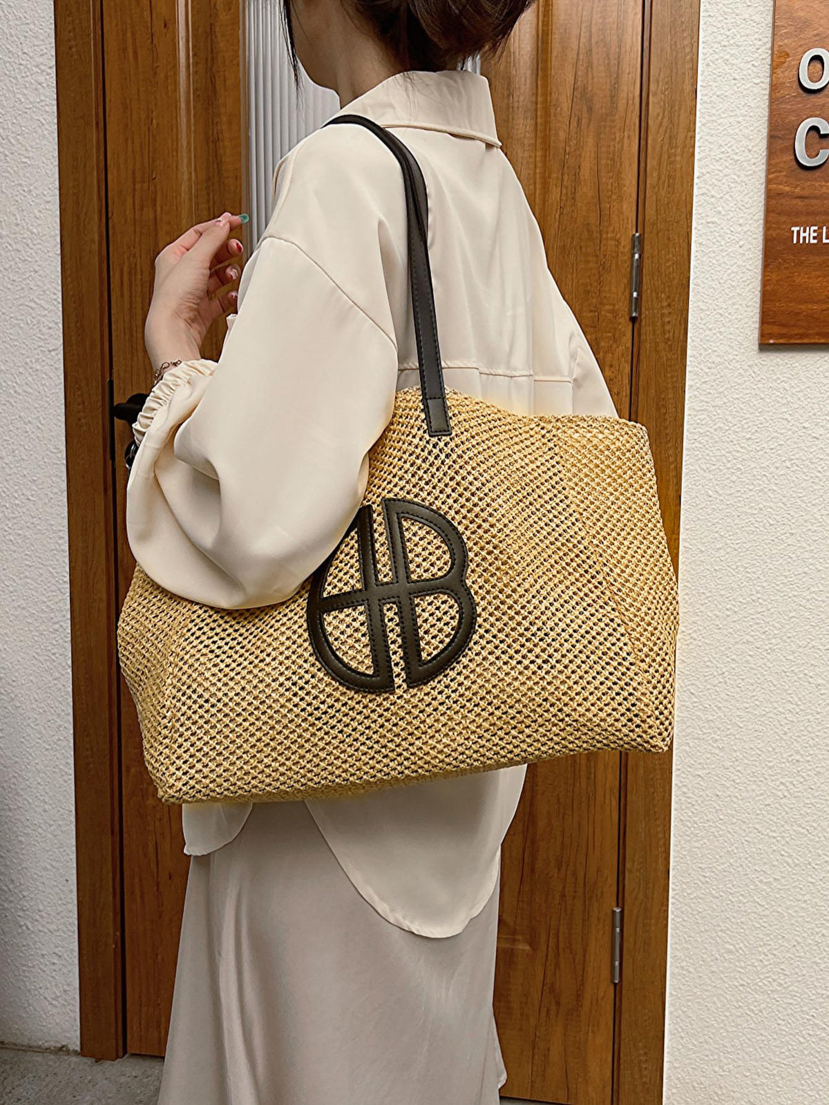 Bolsa de Palha Trançada com Decoração de Laço para Mulheres, Bolsa de Ombro para Grande