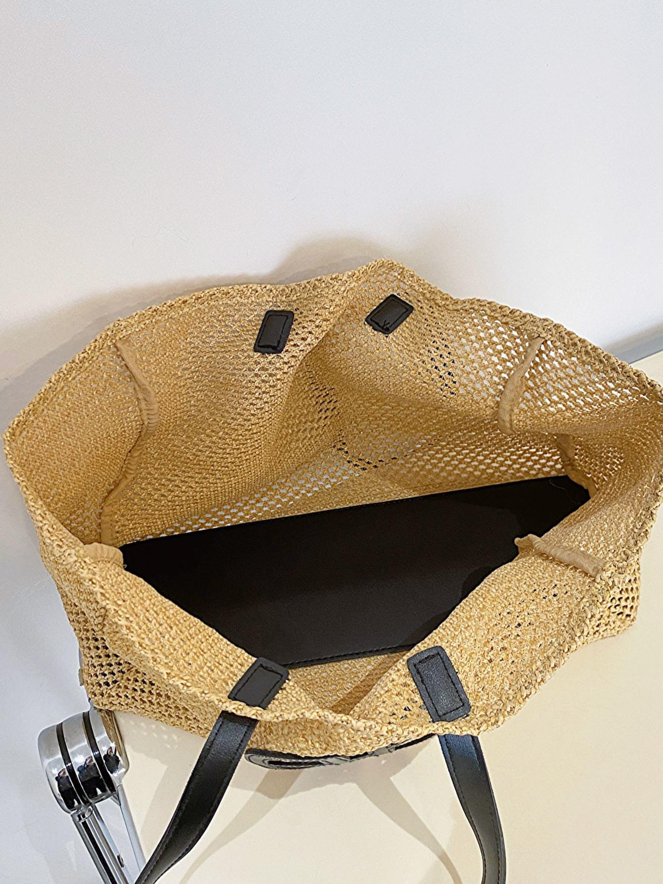 Bolsa de Palha Trançada com Decoração de Laço para Mulheres, Bolsa de Ombro para Grande