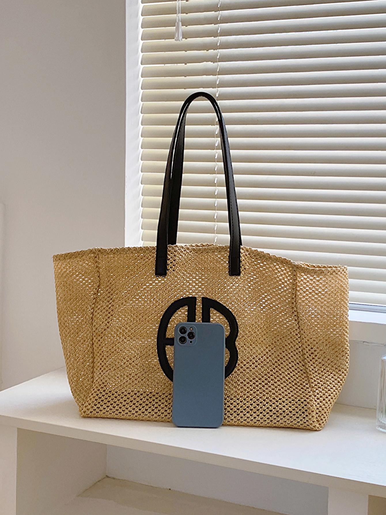 Bolsa de Palha Trançada com Decoração de Laço para Mulheres, Bolsa de Ombro para Grande