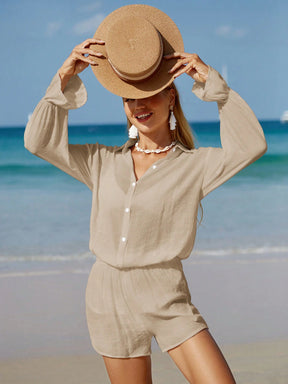 Saida de Praia Anne Botão Frontal Conjunto De Cobertura