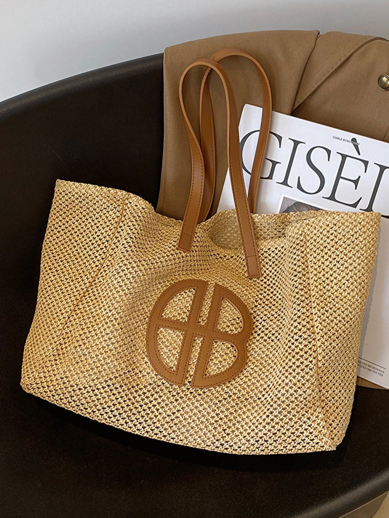 Bolsa de Palha Trançada com Decoração de Laço para Mulheres, Bolsa de Ombro para Grande