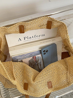 Bolsa de Palha Trançada com Decoração de Laço para Mulheres, Bolsa de Ombro para Grande