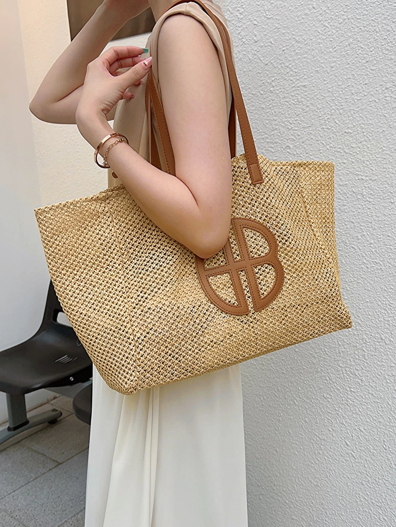 Bolsa de Palha Trançada com Decoração de Laço para Mulheres, Bolsa de Ombro para Grande