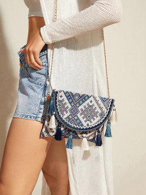 Bolsa Feminina Ana a tiracolo com capa do tipo flip em padrão geométrico 