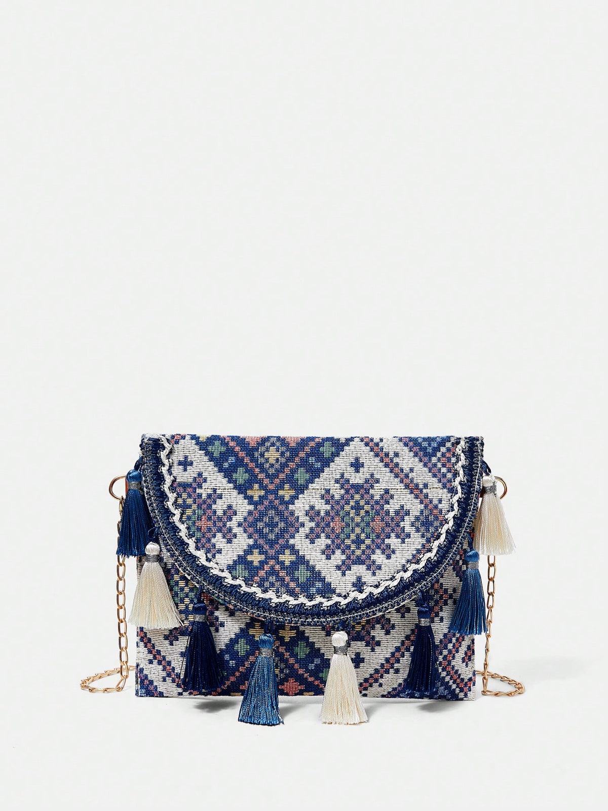 Bolsa Feminina Ana a tiracolo com capa do tipo flip em padrão geométrico 