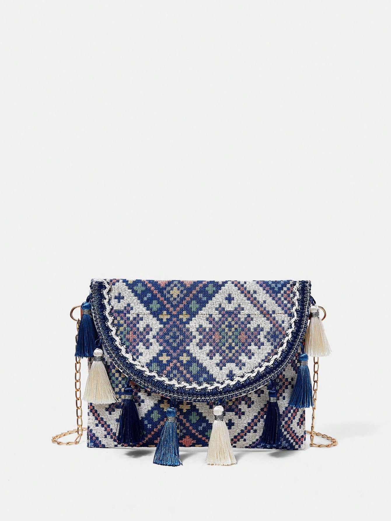 Bolsa Feminina Ana a tiracolo com capa do tipo flip em padrão geométrico 