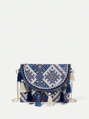 Bolsa Feminina Ana a tiracolo com capa do tipo flip em padrão geométrico 