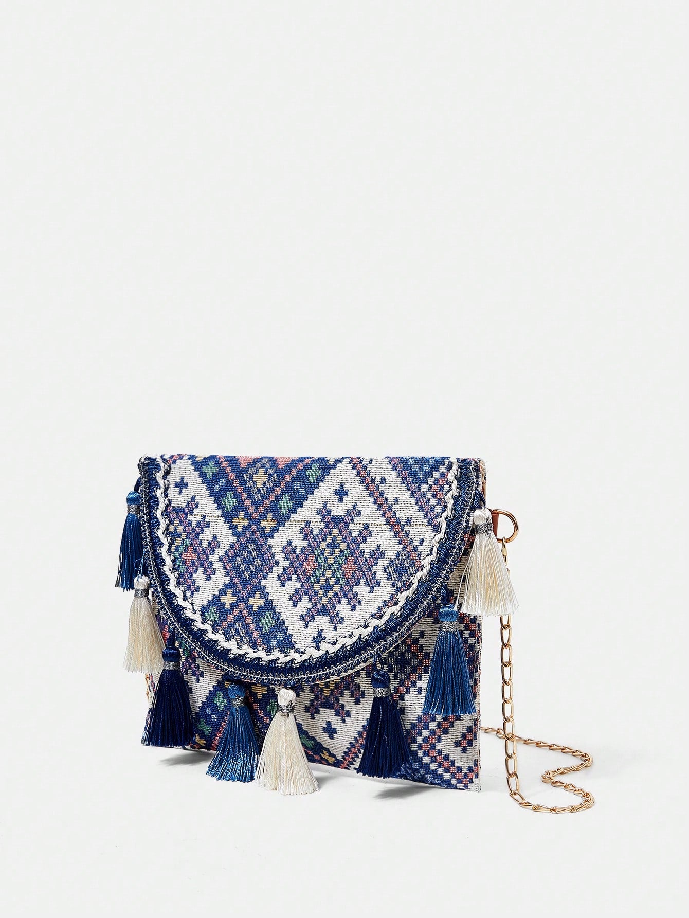 Bolsa Feminina Ana a tiracolo com capa do tipo flip em padrão geométrico 