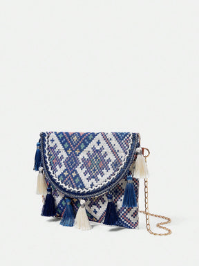 Bolsa Feminina Ana a tiracolo com capa do tipo flip em padrão geométrico 