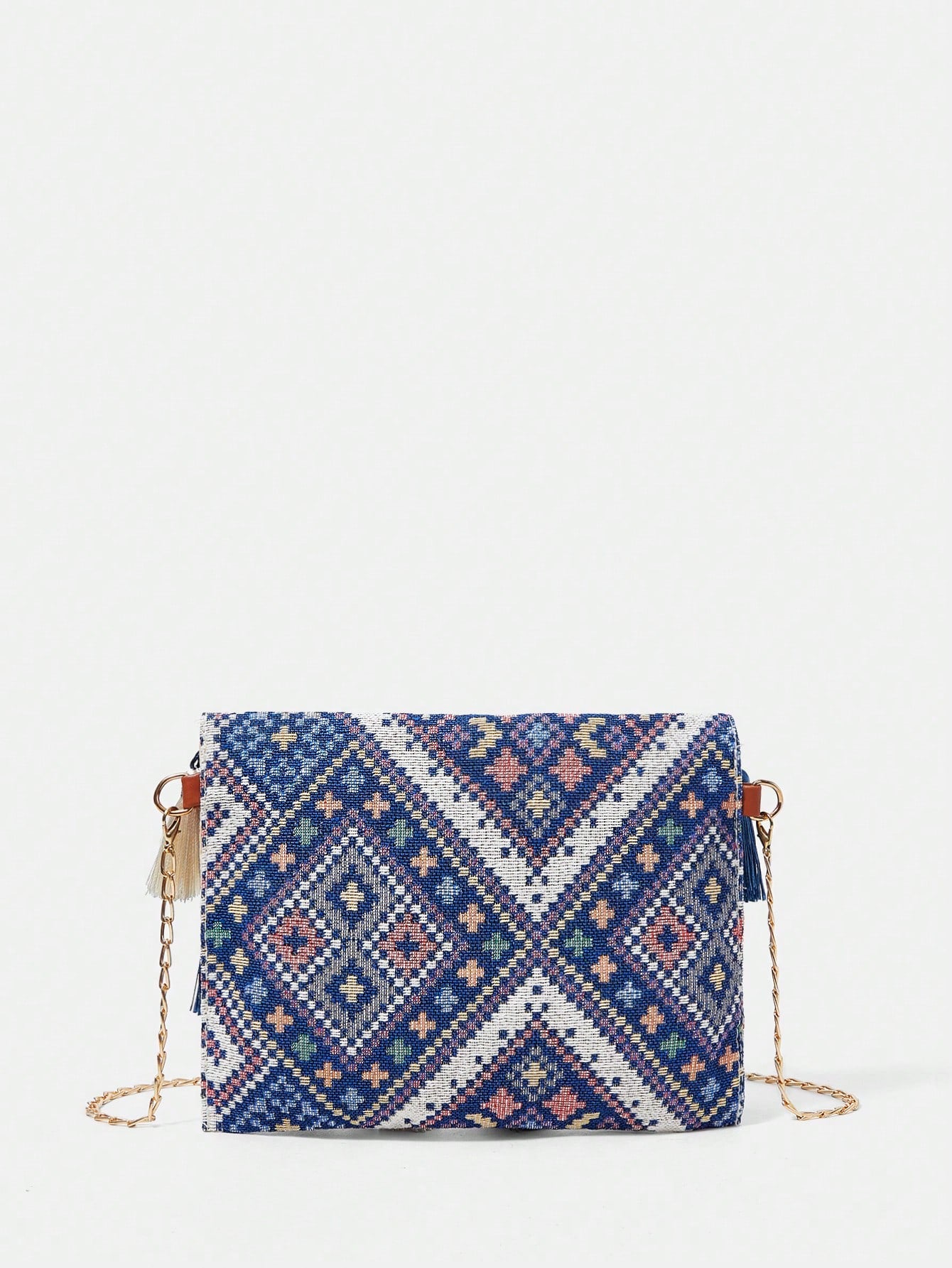 Bolsa Feminina Ana a tiracolo com capa do tipo flip em padrão geométrico 