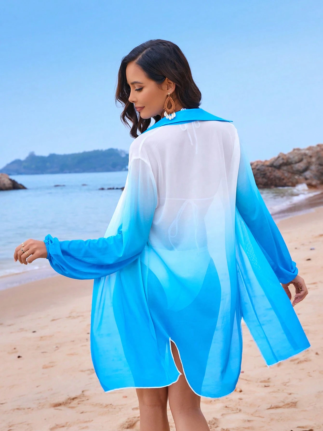 Saída de Praia Kimono transparente com manga lanterna em degradê 