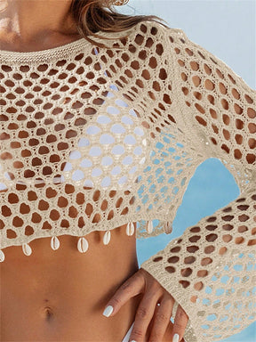 Saída de Praia Elia Manga Longa com Decote Redondo e Detalhe Vazado