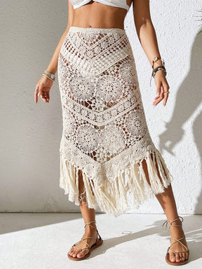  Saia Jalie Cobre-Tudo Fashionável com Bainha Franjas Vazada