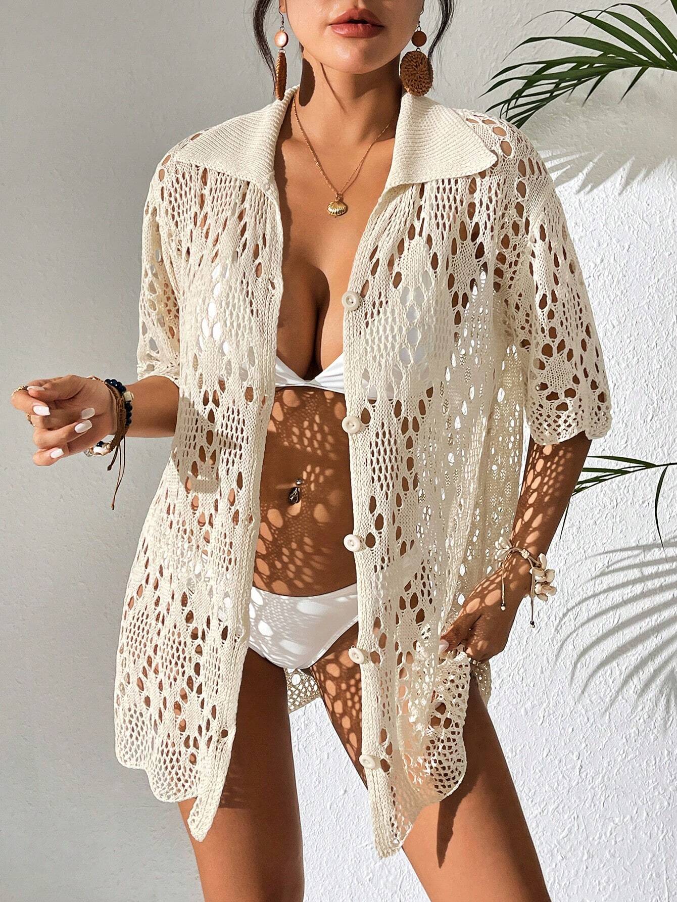 Saída de Praia Kimono de Sobreposição Casual Com Gola Vazada, de Manga Curta, para Férias