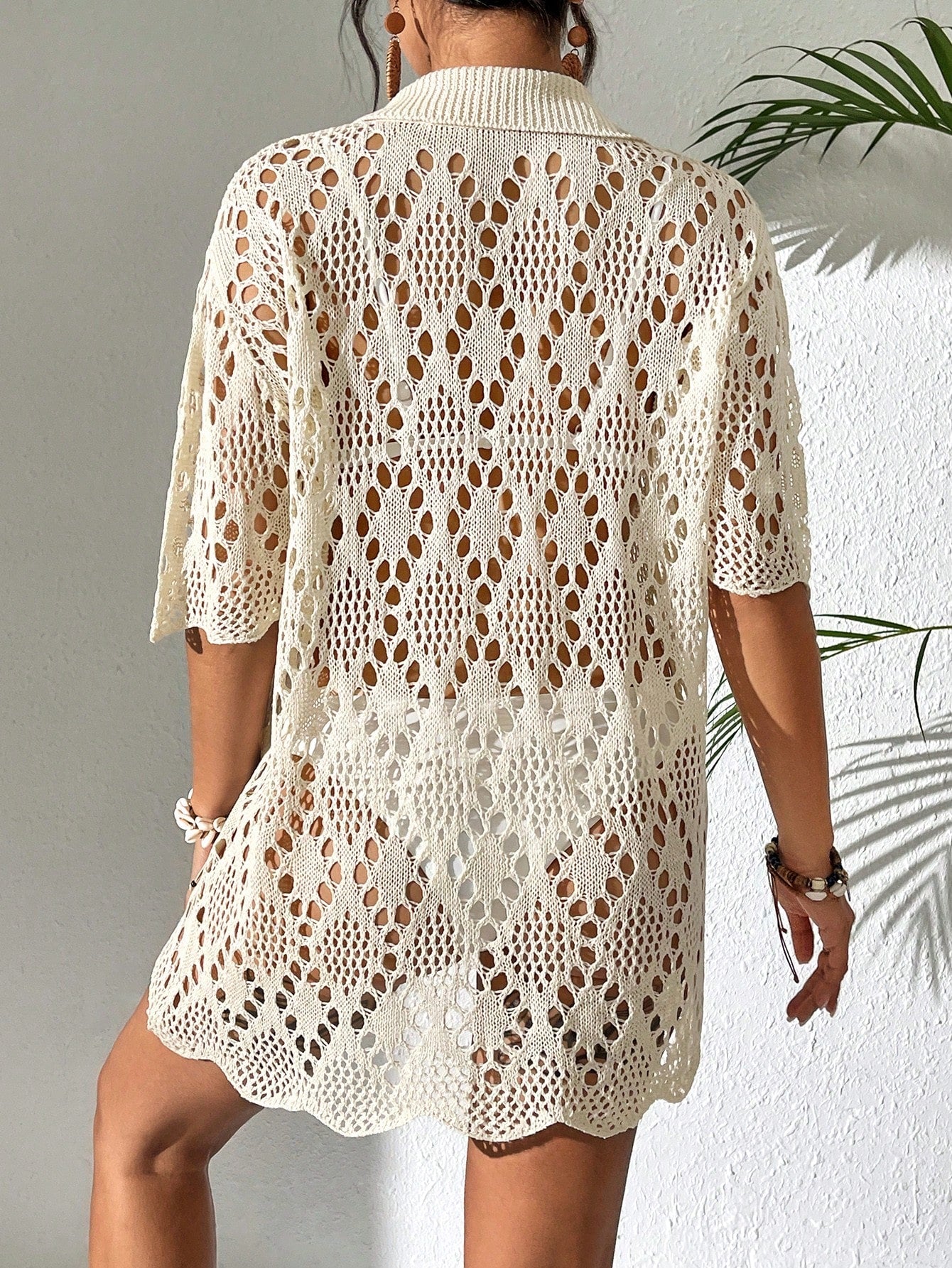 Saída de Praia Kimono de Sobreposição Casual Com Gola Vazada, de Manga Curta, para Férias