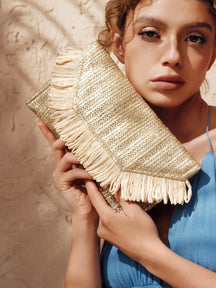  Bolsa de Mão Clutch de Metal com Design de Borla Estilo Boêmio 