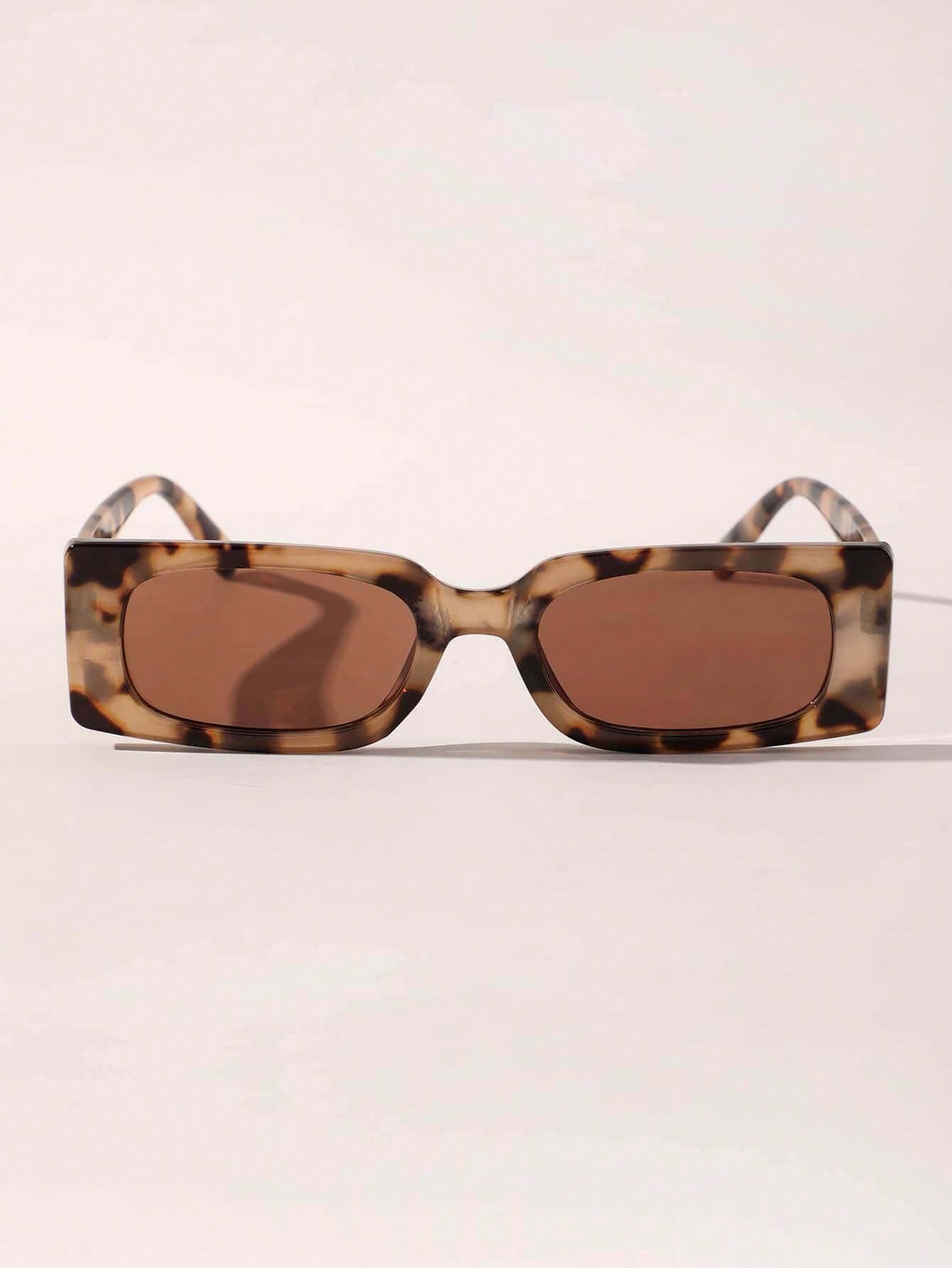  Óculos de Sol Feminino Eloá Elegante Retangular com Armação de Estampa de Leopardo 