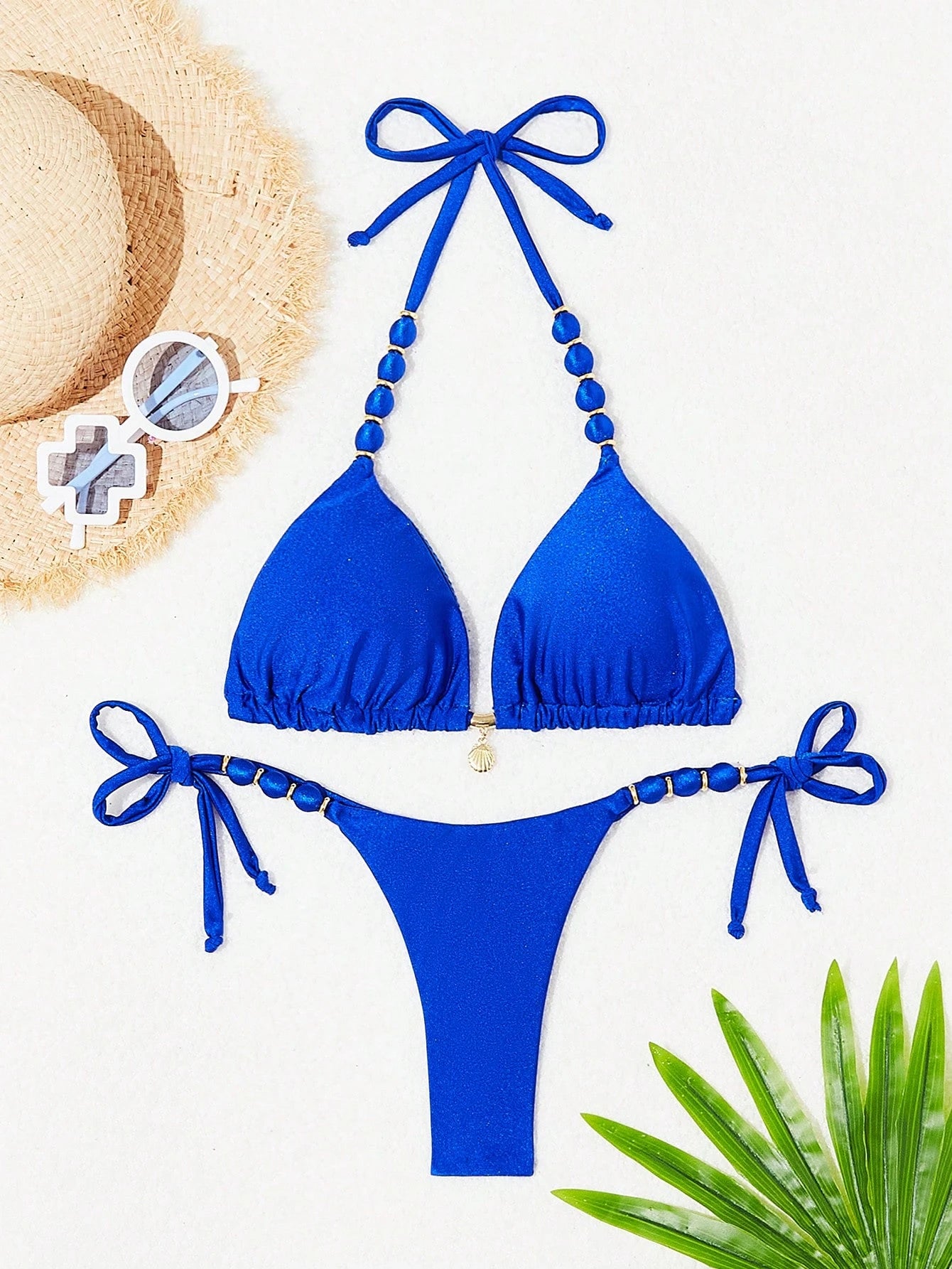  Biquíni Amarrável Com Pingente de Concha e Detalhes Dourados Ajuste Confortável 