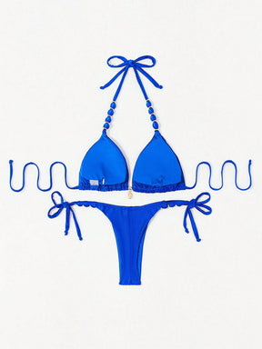  Biquíni Amarrável Com Pingente de Concha e Detalhes Dourados Ajuste Confortável 