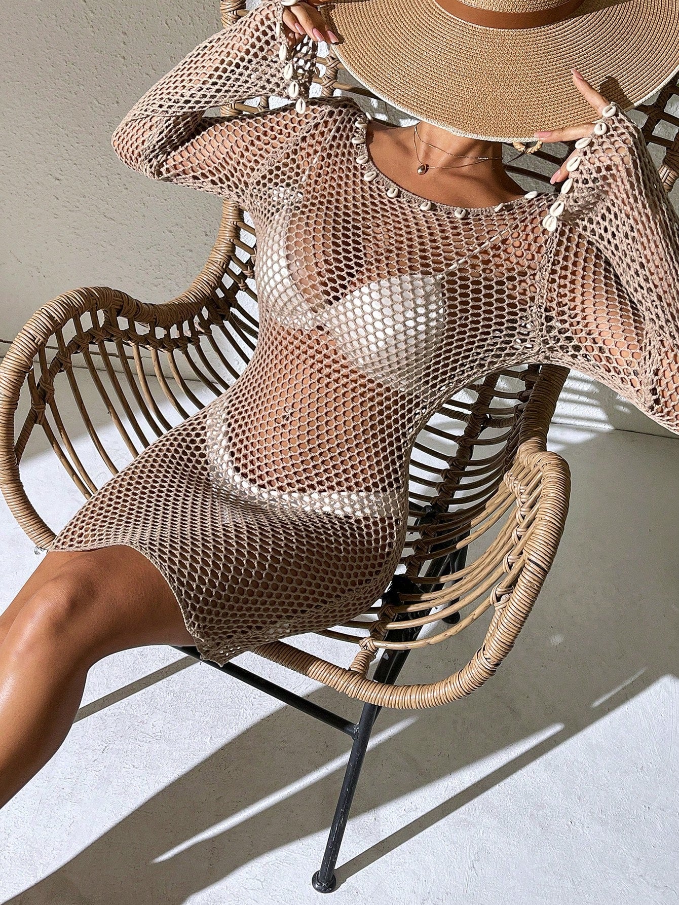 Saída de Praia Talia Vestido de Praia Manga Longa com  Concha 