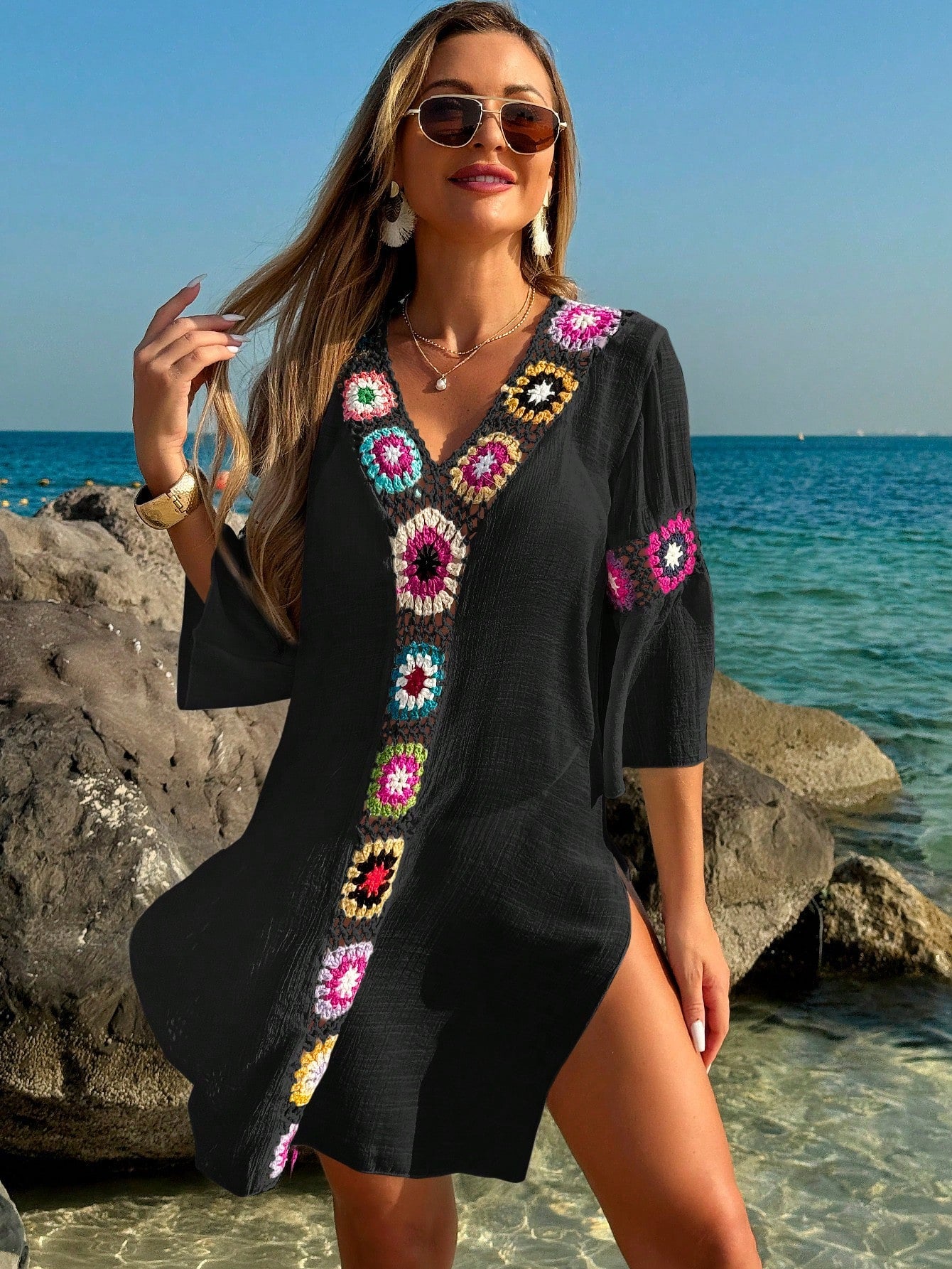 Saída de Praia Vestido Casual Folgado com Decote em V, Crochê Floral e Fenda Lateral, Protetor