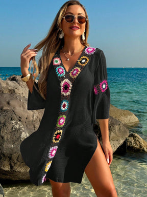 Saída de Praia Vestido Casual Folgado com Decote em V, Crochê Floral e Fenda Lateral, Protetor