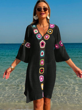 Saída de Praia Vestido Casual Folgado com Decote em V, Crochê Floral e Fenda Lateral, Protetor