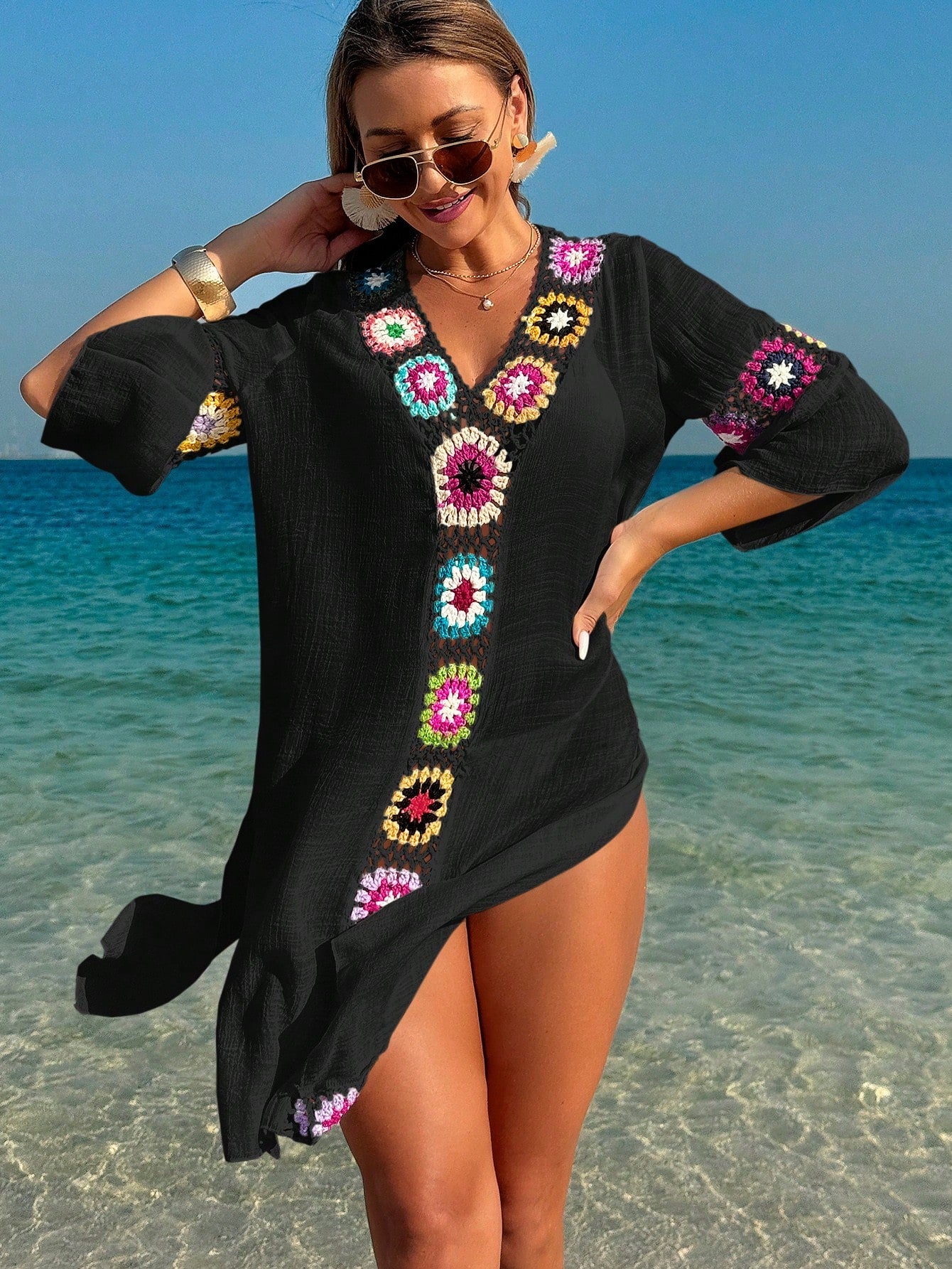 Saída de Praia Vestido Casual Folgado com Decote em V, Crochê Floral e Fenda Lateral, Protetor