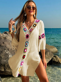 Saída de Praia Vestido Casual Folgado com Decote em V, Crochê Floral e Fenda Lateral, Protetor