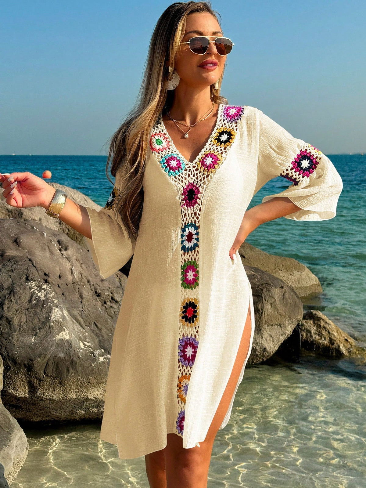 Saída de Praia Vestido Casual Folgado com Decote em V, Crochê Floral e Fenda Lateral, Protetor