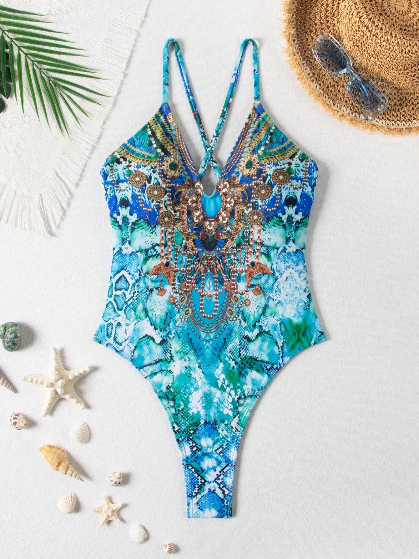 Maiô Feminino Manuela com Recorte Cruzado nas Costas, Corte Alto, Estampa Tropical 