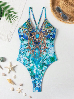 Maiô Feminino Manuela com Recorte Cruzado nas Costas, Corte Alto, Estampa Tropical 