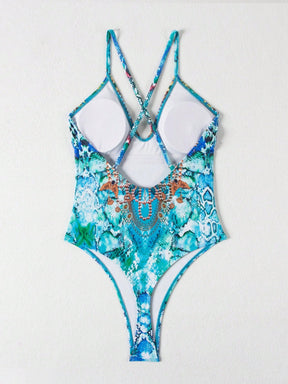 Maiô Feminino Manuela com Recorte Cruzado nas Costas, Corte Alto, Estampa Tropical 