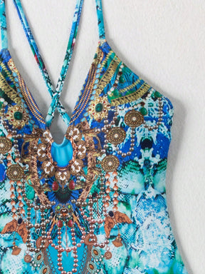 Maiô Feminino Manuela com Recorte Cruzado nas Costas, Corte Alto, Estampa Tropical 