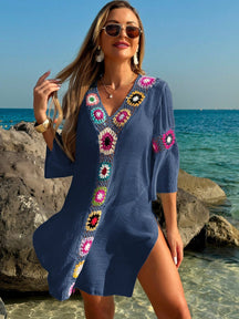 Saída de Praia Vestido Casual Folgado com Decote em V, Crochê Floral e Fenda Lateral, Protetor