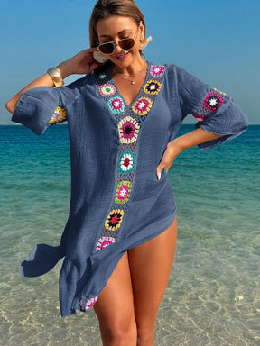 Saída de Praia Vestido Casual Folgado com Decote em V, Crochê Floral e Fenda Lateral, Protetor