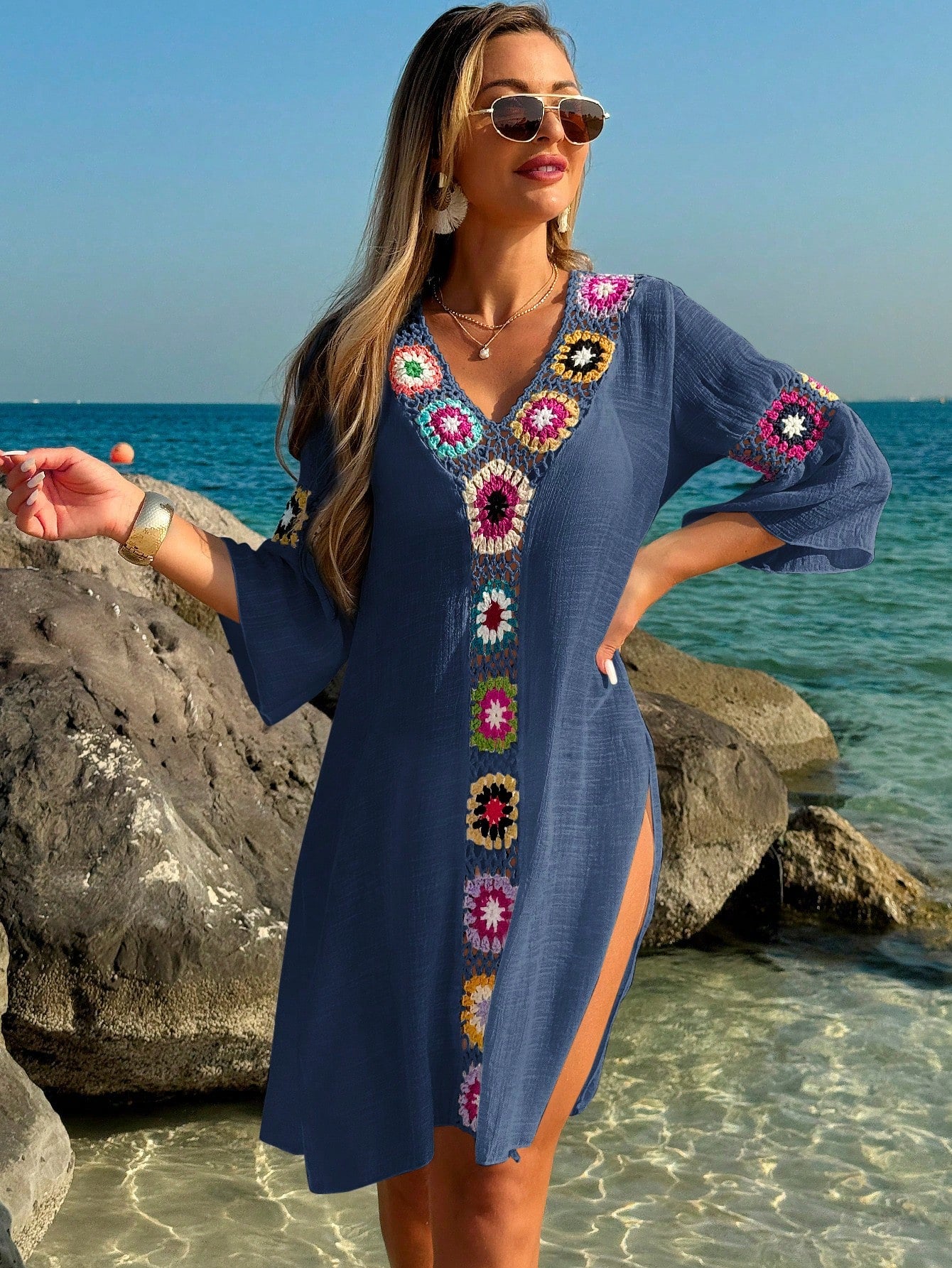 Saída de Praia Vestido Casual Folgado com Decote em V, Crochê Floral e Fenda Lateral, Protetor
